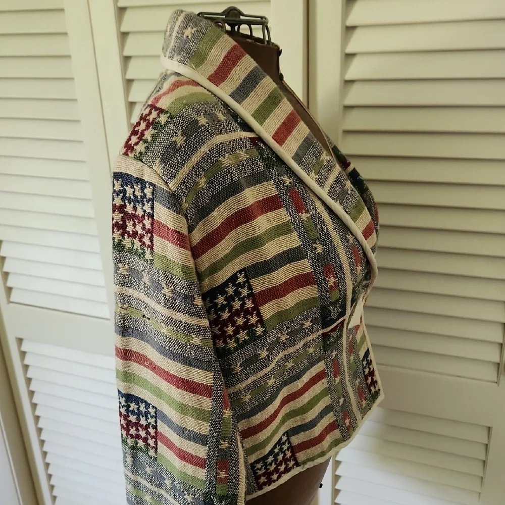 New Directions Vintage Americana Flag Cropped Cotton Tapestry Jacket - Picture 8 of 12